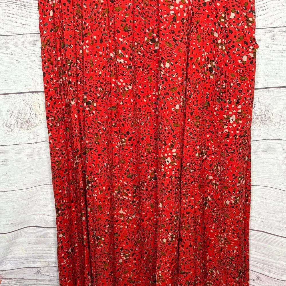 Free People 40's Print Midi Button Up Cap Sleeve Red Lined Shirt Dress Size 12